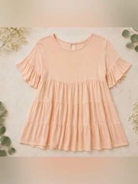 Adara Peach Tiered Babydoll Top Medium | Ruffle Sleeve Blouse